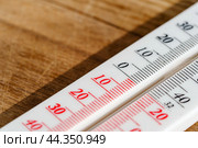 White Thermometer On Wooden Surface Showing A Temperature Of 15 Degrees Celsius. Стоковое фото, фотограф Сергей Толмачёв / Фотобанк Лори