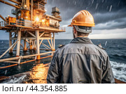 Oil production. An oil well and a man in work clothes and a construction helmet. Oil platform and industrial equipment. Difficult working conditions. Стоковое AI-изображение, AI-художник Photojuli / Фотобанк Лори