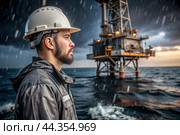 Oil production. An oil well and a man in work clothes and a construction helmet. Oil platform and industrial equipment. Difficult working conditions. Стоковое AI-изображение, AI-художник Photojuli / Фотобанк Лори