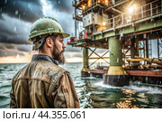 Oil production. An oil well and a man in work clothes and a construction helmet. Oil platform and industrial equipment. Difficult working conditions. Стоковое AI-изображение, AI-художник Photojuli / Фотобанк Лори