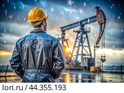 Oil production. An oil well and a man in work clothes and a construction helmet. Oil platform and industrial equipment. Difficult working conditions. Стоковое AI-изображение, AI-художник Photojuli / Фотобанк Лори