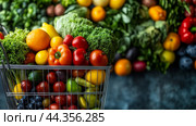 Shopping basket full of grocery products, food and drink , Grocery Shopping: Plan meals and shop with a list, copy space. Стоковое AI-изображение, AI-художник Ирина Ручушкина / Фотобанк Лори