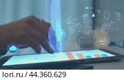 Businessman managing supply chain logistics using digital tablet with modern graph interface. Стоковое AI-видео, аниматор Юрий Поздников / Фотобанк Лори