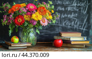 Bouquet of gerbera flowers in glass vase standing on teacher's desk. Стоковое AI-изображение, AI-художник Юрий Поздников / Фотобанк Лори