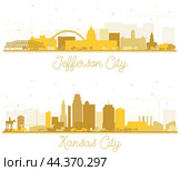 Kansas City and Jefferson City Missouri Skyline Silhouettes Set with Golden Buildings Isolated on White. Стоковая иллюстрация, иллюстратор Игорь Сорокин / Фотобанк Лори