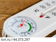 White Thermometer On Wooden Surface Showing A Temperature Of 15 Degrees Celsius. Стоковое фото, фотограф Сергей Толмачёв / Фотобанк Лори