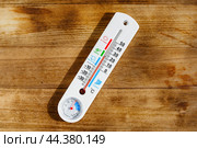 White Thermometer On Wooden Surface Showing A Temperature Of 15 Degrees Celsius. Стоковое фото, фотограф Сергей Толмачёв / Фотобанк Лори