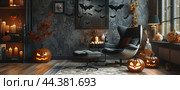 Cozy Halloween Living Room Decor With Jack OLanterns, Bats, and Candles. Стоковое AI-изображение, AI-художник Юлия Гапеенко / Фотобанк Лори