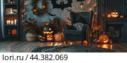 Cozy Halloween Living Room Decor With Jack OLanterns, Bats, and Candles. Стоковое AI-изображение, AI-художник Юлия Гапеенко / Фотобанк Лори