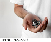 Person holding polyhedral dice set: gaming and role-playing symbolism. Стоковое фото, фотограф Lamina Akulova / Фотобанк Лори