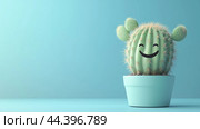 A cheerful cactus in a light blue pot set against a soft turquoise background, showcasing playful design and vibrant colors. Стоковое AI-изображение, AI-художник Сергей Толмачёв / Фотобанк Лори