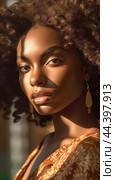 Juneteenth, a day for freedom - Portrait of a beautiful African girl with dark skin tone. Стоковое AI-изображение, AI-художник Veniamin Kraskov / Фотобанк Лори