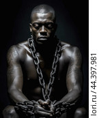 Juneteenth, a day for freedom - African man prisoner in chain slavery concept. Стоковое AI-изображение, AI-художник Veniamin Kraskov / Фотобанк Лори