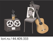 Гитара, катушечный магнитофон и портрет на стуле. Стоковая иллюстрация, иллюстратор Виктория Цветникова / Фотобанк Лори