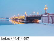 Зимний пейзаж с Троицким мостом. Санкт-Петербург (2024 год). Редакционное фото, фотограф Ольга Визави / Фотобанк Лори
