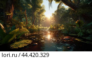 Epic view of swampy jungle with warm water in summer. Стоковое AI-изображение, AI-художник Veniamin Kraskov / Фотобанк Лори