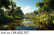 Epic view of swampy jungle with warm water in summer. Стоковое AI-изображение, AI-художник Veniamin Kraskov / Фотобанк Лори