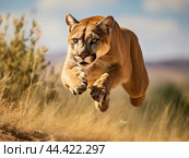 Graceful cougar in motion close up view. Стоковое AI-изображение, AI-художник Veniamin Kraskov / Фотобанк Лори