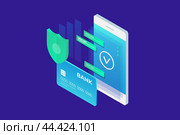 Изометрическое изображение телефона и банковской карты на синем фоне. Мобильные платежи, защита персональных данных. Стоковая иллюстрация, иллюстратор KOSIM / Фотобанк Лори