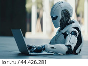 Precise Robot hand laptop. Generate Ai. Стоковое AI-изображение, AI-художник Иван Рябоконь / Фотобанк Лори