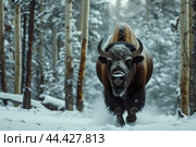 Bison snow forest. Generate Ai. Стоковое AI-изображение, AI-художник Иван Рябоконь / Фотобанк Лори