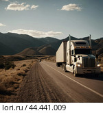 Crosscountry trucking adventure across vast landscapes with a truck in the foreground on an open highway surrounded by mountains and blue skies. Generative AI. Стоковое AI-изображение, AI-художник Юлия Петровская / Фотобанк Лори