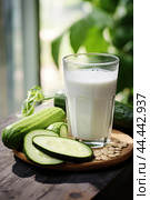 Glass of milk with fresh cucumber. Стоковое AI-изображение, AI-художник Veniamin Kraskov / Фотобанк Лори