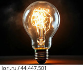 A burning incandescent light bulb with glowing filaments, working at the limit of its capabilities, is about to burn out. Стоковое AI-изображение, AI-художник Сергей Елизарьев / Фотобанк Лори