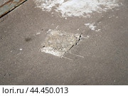 Concrete-filled pothole, symbolizing the transient nature of urban repair efforts. This patch signifies both urgency and the struggle for permanence in city infrastructure. Стоковое фото, фотограф Татьяна Степанищева / Фотобанк Лори