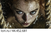 A close-up view of a young person submerged in water with wet hair, captured during a dramatic moment underwater. Стоковое AI-изображение, AI-художник Сергей Толмачёв / Фотобанк Лори