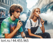 Молодые парень и девушка курят вейп на улице города. Подростки вейперы выпускают пар. Электронные сигареты. Вредная привычка. Стоковое AI-изображение, AI-художник Sergei Gorin / Фотобанк Лори