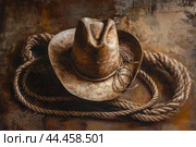 Vintage cowboy hat and lasso on textured background. Стоковое AI-изображение, AI-художник Иван Рябоконь / Фотобанк Лори