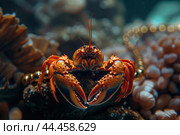 Majestic hermit crab in natural habitat. Стоковое AI-изображение, AI-художник Иван Рябоконь / Фотобанк Лори