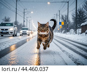 Risking being hit by car cat crossing road in front of vehicles. Стоковое AI-изображение, AI-художник Владимир Григорьев / Фотобанк Лори
