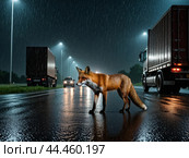 Heavy duty truck swerved onto shoulder while trying to avoid red fox that was crossing road at night in heavy rain. Стоковое AI-изображение, AI-художник Владимир Григорьев / Фотобанк Лори