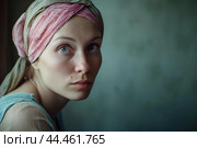 Serene woman with headscarf looking away. Стоковое AI-изображение, AI-художник Иван Рябоконь / Фотобанк Лори