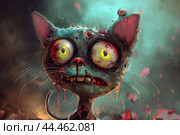 Digital artwork of a grotesque zombie cat with eerie mismatched eyes in a spooky atmosphere. Стоковое AI-изображение, AI-художник Иван Рябоконь / Фотобанк Лори