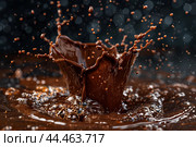 Highspeed capture of a dynamic chocolate splash on a dark background. Стоковое AI-изображение, AI-художник Иван Рябоконь / Фотобанк Лори