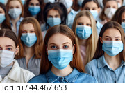 Толпа людей в медицинских масках. Стоковое AI-изображение, AI-художник Максим Коломыченко / Фотобанк Лори