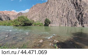 View of a fast river in a mountain gorge. Sunny weather. Стоковое видео, видеограф Ярославский Максим / Фотобанк Лори