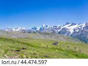 Mountain landscape with alpine meadow, observatory in the distance and mountain peaks in the background. Стоковое фото, фотограф Евгений Харитонов / Фотобанк Лори