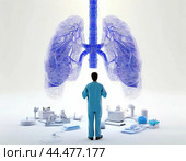 A doctor demonstrates a 3D holographic model of human lungs, which suggests the use of advanced technologies in medicine for training, diagnostics. Стоковое AI-изображение, AI-художник Сергей Елизарьев / Фотобанк Лори