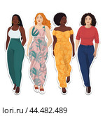 Sticker of a Body positive: beyond stereotypes, women who love themselves as they are. Стоковое AI-изображение, AI-художник Veniamin Kraskov / Фотобанк Лори