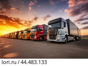 Trucks parked lined, road freight industry logistics and transport. Стоковое AI-изображение, AI-художник Veniamin Kraskov / Фотобанк Лори