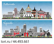 Nagasaki Japan and Kathmandu Nepal City Skyline set with Color Buildings and Blue Sky. Illustration. Kathmandu Cityscape with Landmarks. Business Travel and Tourism Concept with Historic Architecture. Стоковая иллюстрация, иллюстратор Игорь Сорокин / Фотобанк Лори