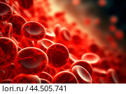 Abstract background of artery inside red blood hemoglobin molecule. Major blood cells erythrocytes. Стоковое AI-изображение, AI-художник Ирина Старикова / Фотобанк Лори