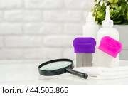 Lice treatment product next to a nit comb and magnifying glass. Стоковое фото, фотограф Сергей Толмачёв / Фотобанк Лори