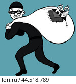 Улыбающийся вор в маске с мешком валют чб / smiling thief in a mask with a bag with currencies. Стоковая иллюстрация, иллюстратор Александр Паньков / Фотобанк Лори