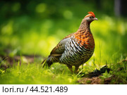 Wood grouse bird on green grass. Стоковое AI-изображение, AI-художник Veniamin Kraskov / Фотобанк Лори