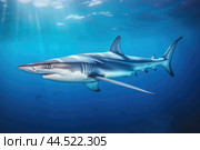 Blue shark (Prionace glauca) in blue water. Стоковое AI-изображение, AI-художник Veniamin Kraskov / Фотобанк Лори